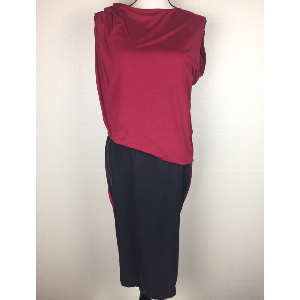 Asymmetrical Silky Slit Back Maroon & Black Dress